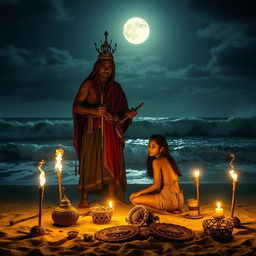 A dark ritual by the seaside under a moonlit sky, featuring a powerful shaman draped in traditional Javanese robes, standing solemnly with ritualistic tools in his hands