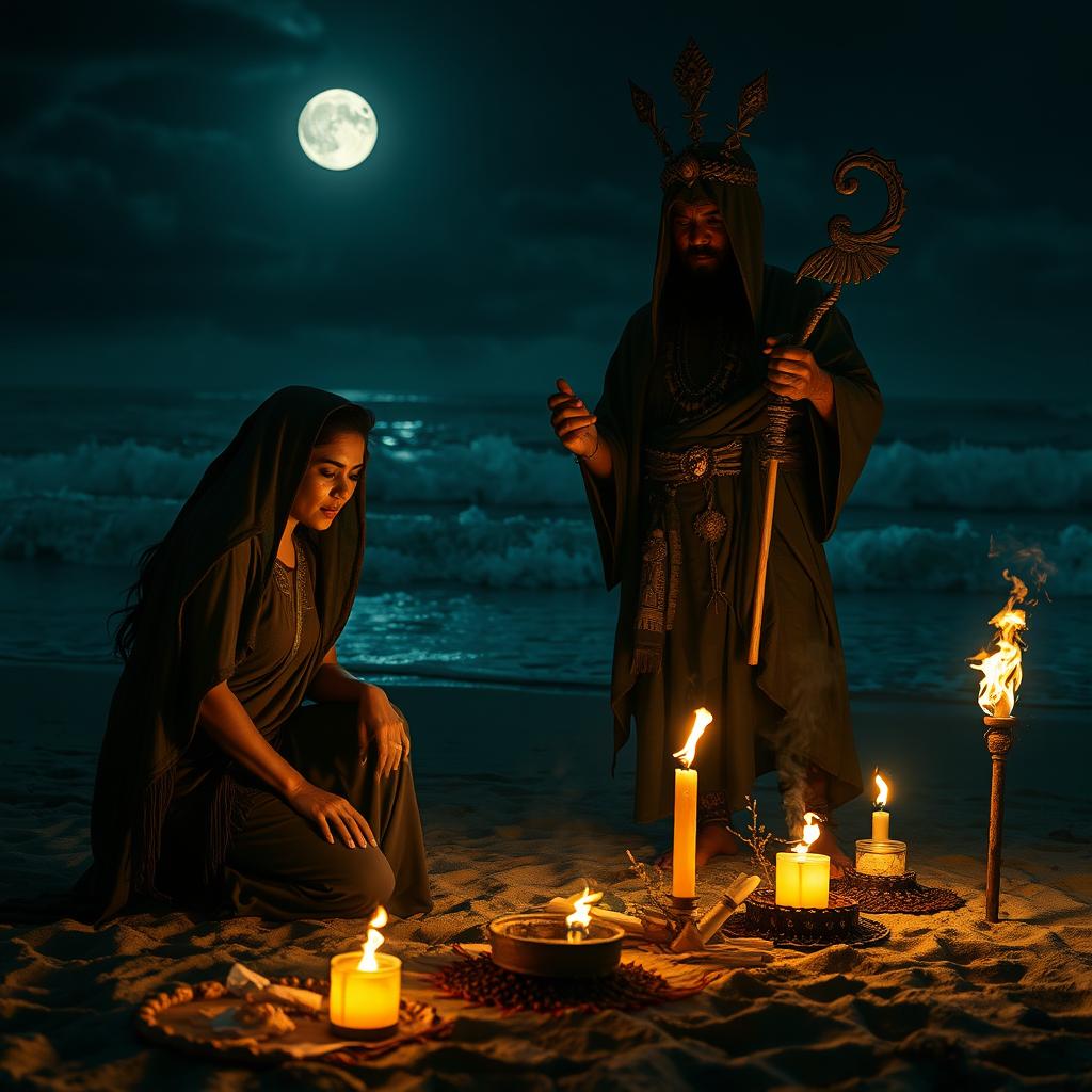 A dark ritual by the seaside under a moonlit sky, featuring a powerful shaman draped in traditional Javanese robes, standing solemnly with ritualistic tools in his hands