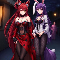 A captivating scene featuring a sexy gothic anime girl depicted as a Kitsune with long, luxurious red hair that cascades down her back, adorned with a stylish bun