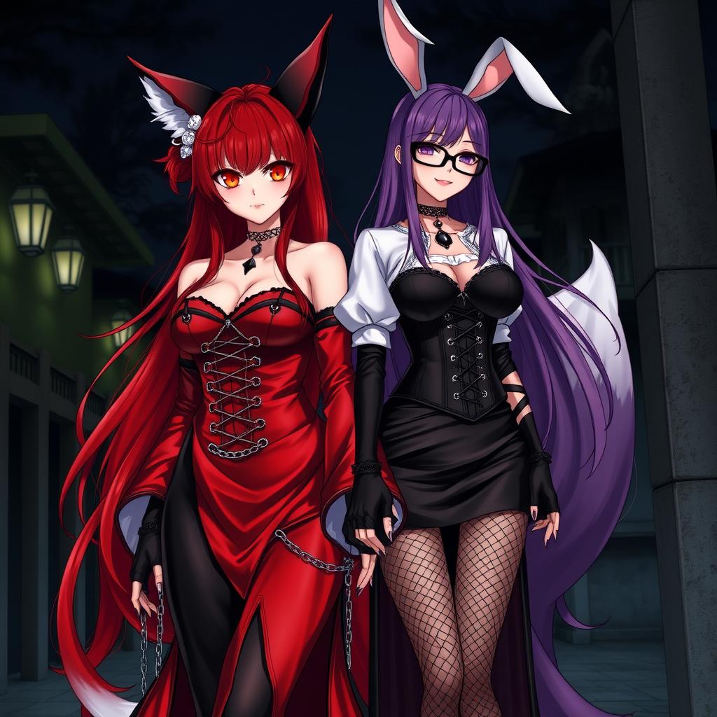 A captivating scene featuring a sexy gothic anime girl depicted as a Kitsune with long, luxurious red hair that cascades down her back, adorned with a stylish bun