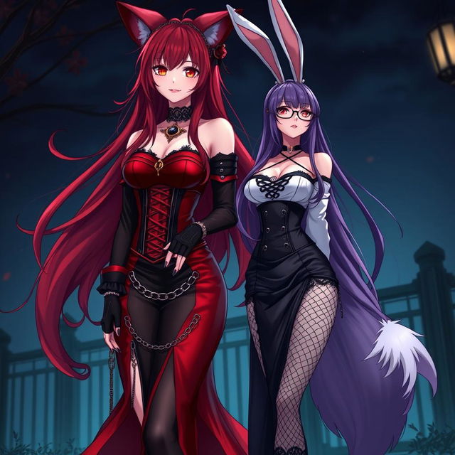 A captivating scene featuring a sexy gothic anime girl depicted as a Kitsune with long, luxurious red hair that cascades down her back, adorned with a stylish bun