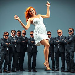 A gigantic redhead woman dancing gracefully in a short white dress that accentuates her towering stature