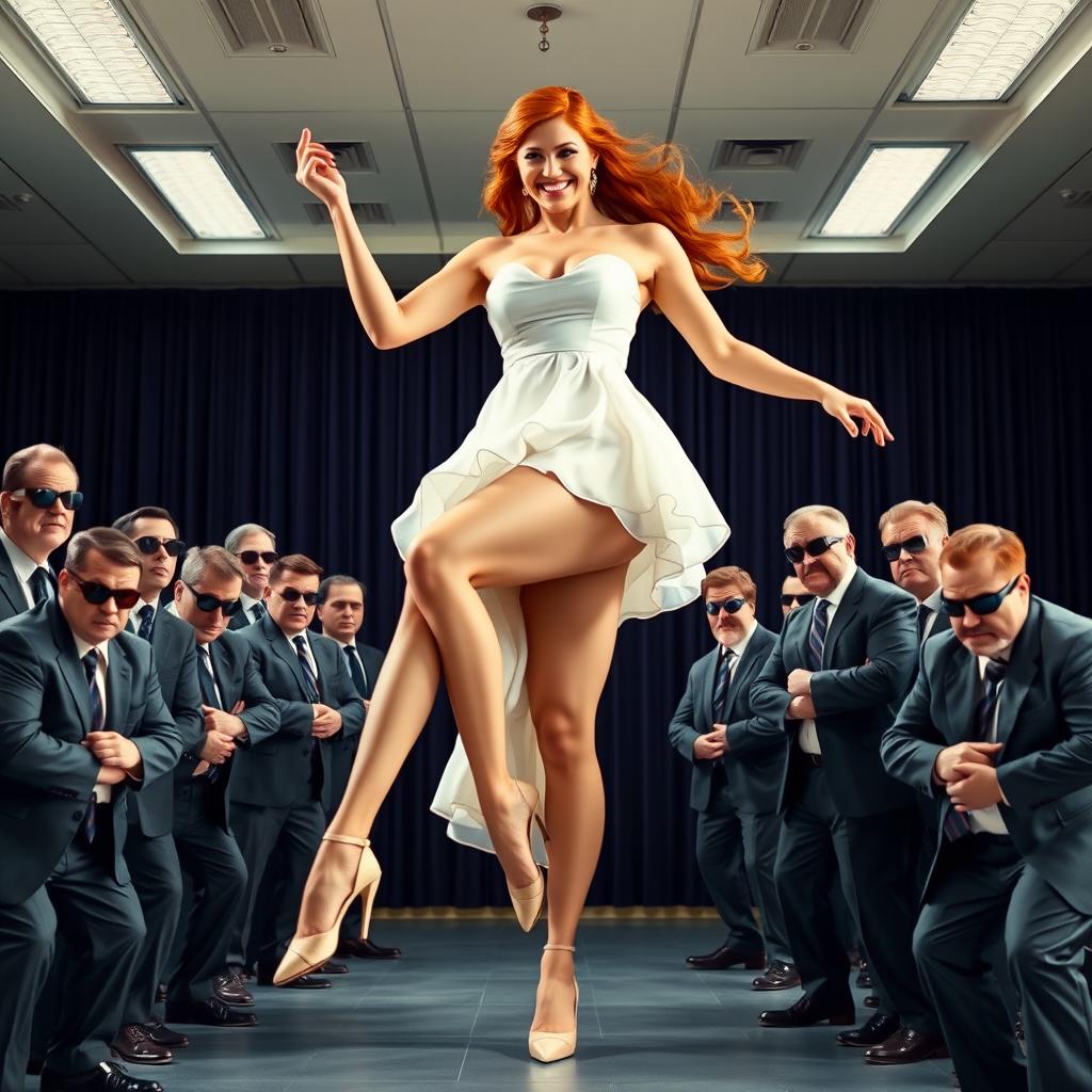 A gigantic redhead woman dancing gracefully in a short white dress that accentuates her towering stature