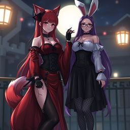 A mesmerizing scene featuring a sexy gothic anime girl depicted as a Kitsune, adorned with long, sexy red hair that flows down to her lower back, elegantly styled with a bun