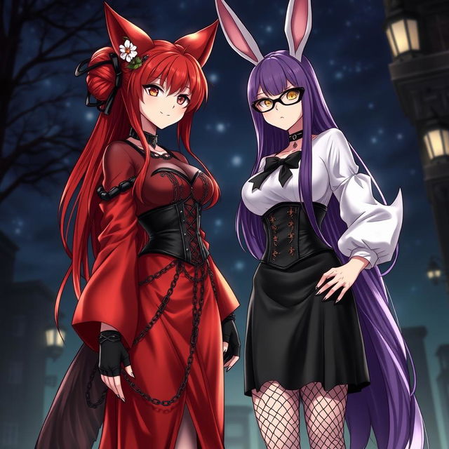 A mesmerizing scene featuring a sexy gothic anime girl depicted as a Kitsune, adorned with long, sexy red hair that flows down to her lower back, elegantly styled with a bun