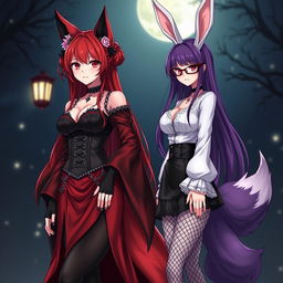 A mesmerizing scene featuring a sexy gothic anime girl depicted as a Kitsune, adorned with long, sexy red hair that flows down to her lower back, elegantly styled with a bun