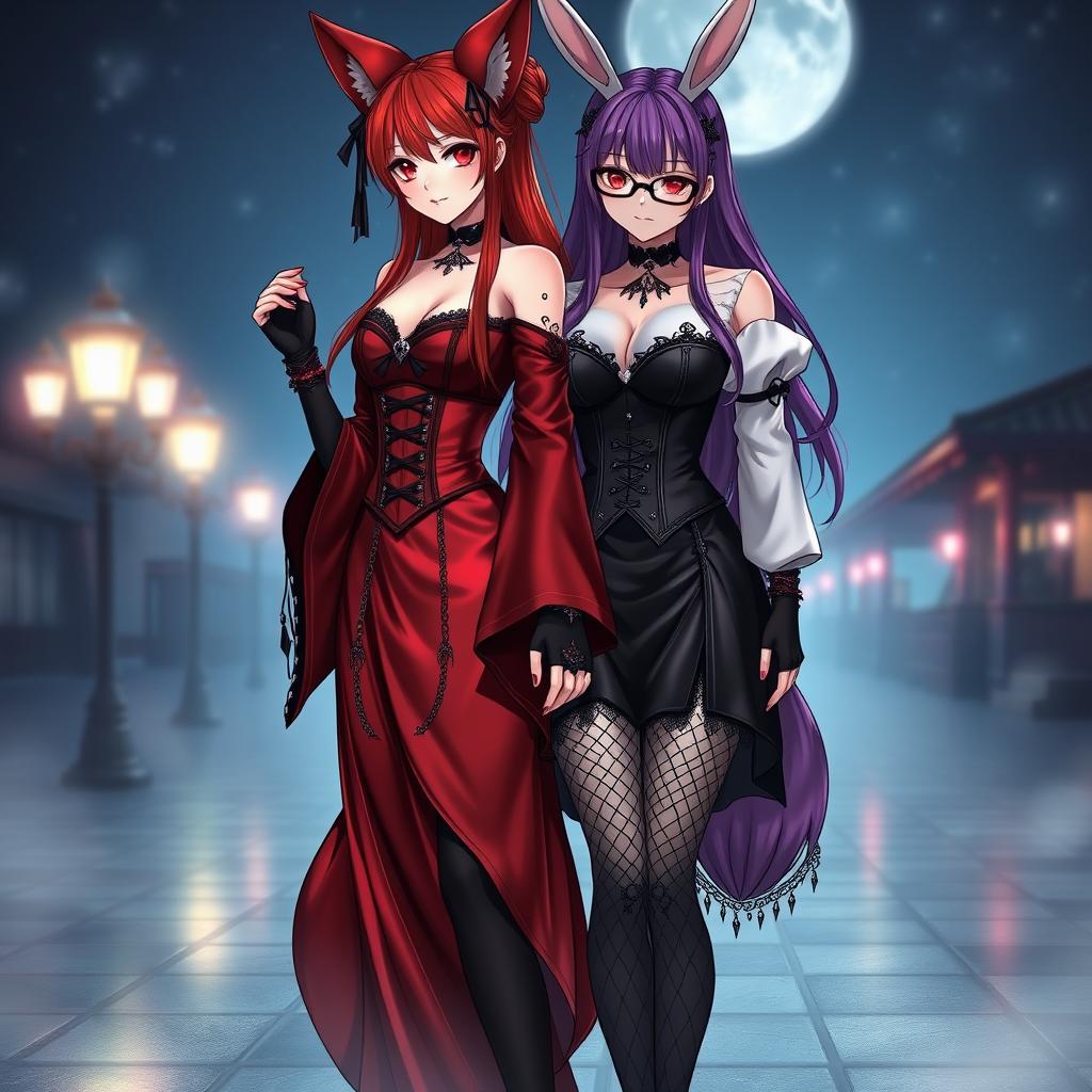 A mesmerizing scene featuring a sexy gothic anime girl depicted as a Kitsune, adorned with long, sexy red hair that flows down to her lower back, elegantly styled with a bun