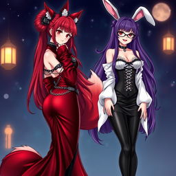A stunning illustration of a sexy gothic anime girl exemplifying a Kitsune, characterized by long, alluring red hair cascading down to her lower back, topped with an elegant bun