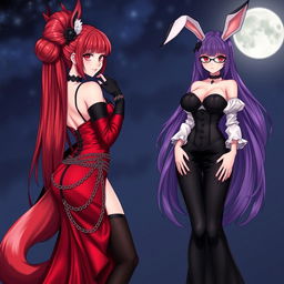 A stunning illustration of a sexy gothic anime girl exemplifying a Kitsune, characterized by long, alluring red hair cascading down to her lower back, topped with an elegant bun