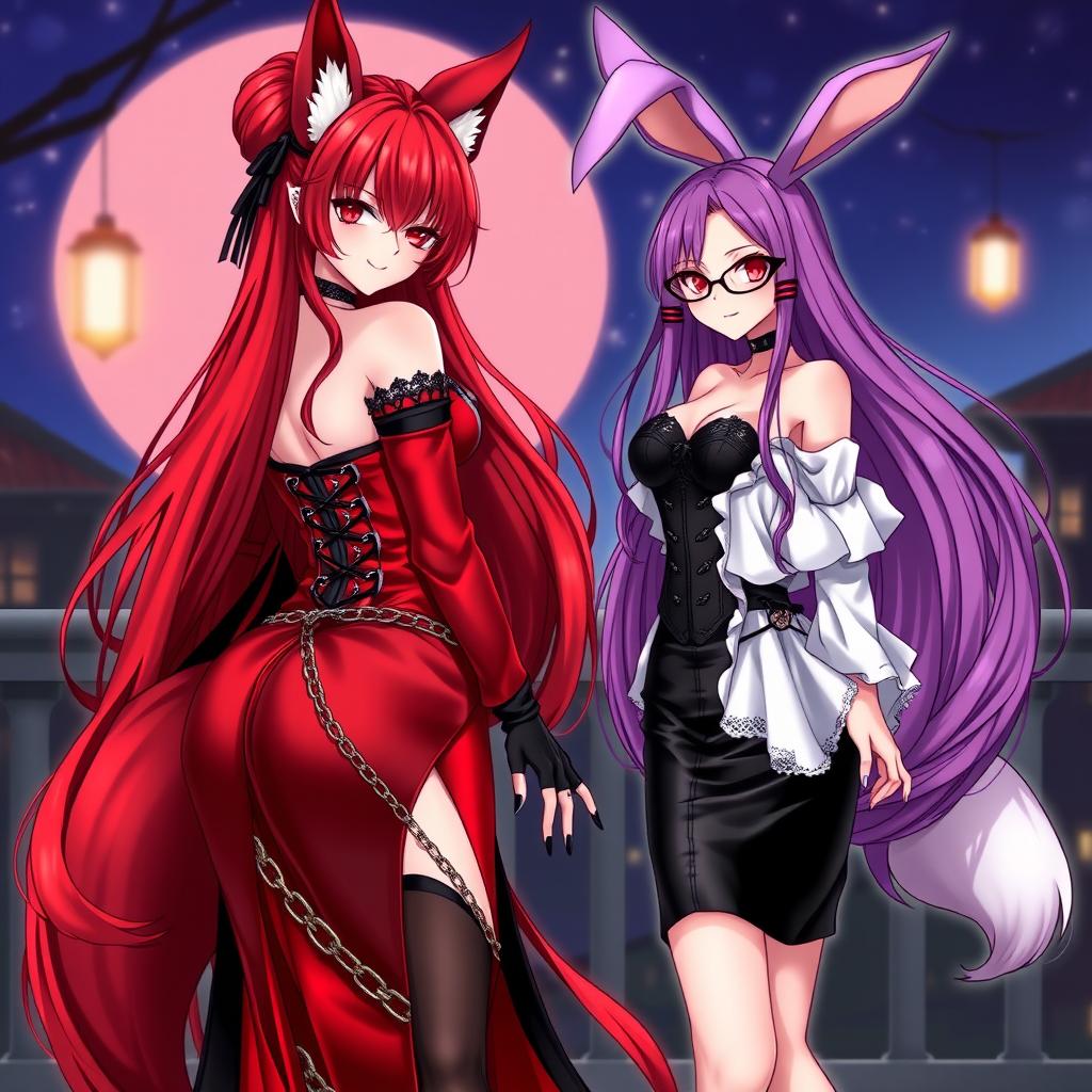 A stunning illustration of a sexy gothic anime girl exemplifying a Kitsune, characterized by long, alluring red hair cascading down to her lower back, topped with an elegant bun