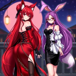 A stunning illustration of a sexy gothic anime girl exemplifying a Kitsune, characterized by long, alluring red hair cascading down to her lower back, topped with an elegant bun