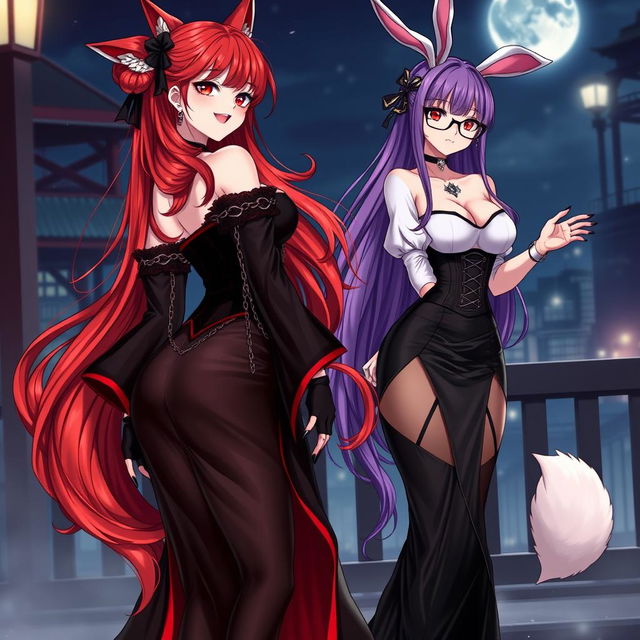 A stunning illustration of a sexy gothic anime girl exemplifying a Kitsune, characterized by long, alluring red hair cascading down to her lower back, topped with an elegant bun