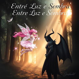 A captivating book cover for a novel titled 'Entre Luz e Sombra', depicting the enchanting romance between a pink-haired fairy and a demon