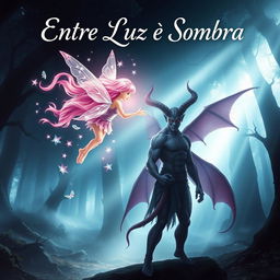 A captivating book cover for a novel titled 'Entre Luz e Sombra', depicting the enchanting romance between a pink-haired fairy and a demon