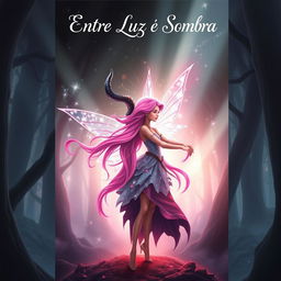 A captivating book cover for a novel titled 'Entre Luz e Sombra', depicting the enchanting romance between a pink-haired fairy and a demon