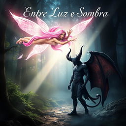 A captivating book cover for a novel titled 'Entre Luz e Sombra', depicting the enchanting romance between a pink-haired fairy and a demon