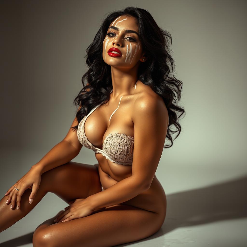 A sultry Latina woman in elegant lingerie, gracefully positioned on her knees