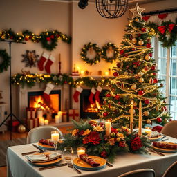 A beautifully decorated studio setting for Christmas, featuring an elegant Christmas tree adorned with colorful ornaments and twinkling fairy lights