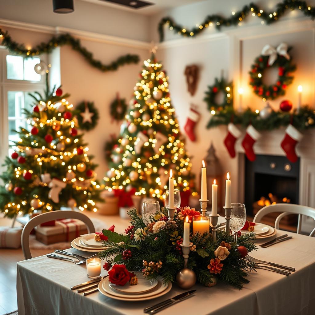 A beautifully decorated studio setting for Christmas, featuring an elegant Christmas tree adorned with colorful ornaments and twinkling fairy lights