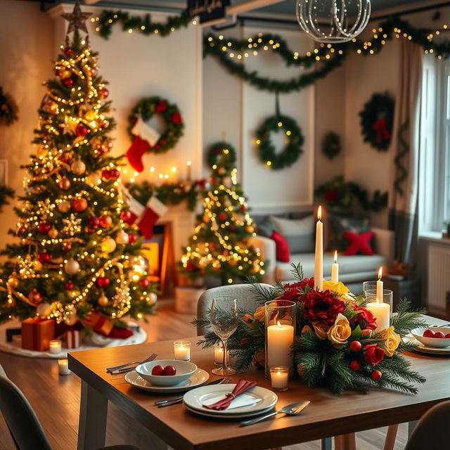 A beautifully decorated studio setting for Christmas, featuring an elegant Christmas tree adorned with colorful ornaments and twinkling fairy lights