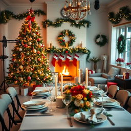 A beautifully decorated studio setting for Christmas, featuring an elegant Christmas tree adorned with colorful ornaments and twinkling fairy lights