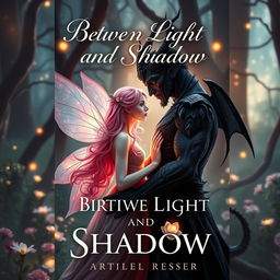 A captivating book cover for 'Between Light and Shadow' featuring a romantic scene between a pink-haired fairy and a demon