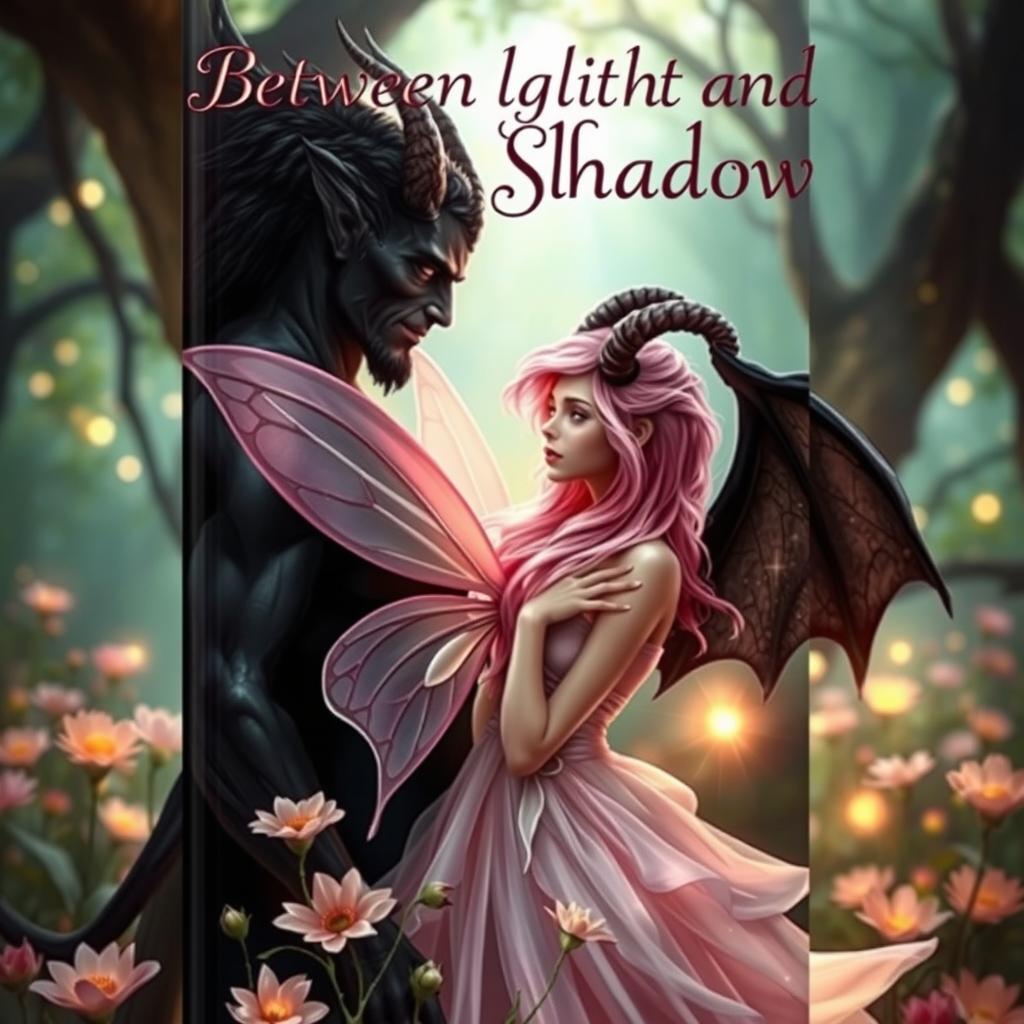 A captivating book cover for 'Between Light and Shadow' featuring a romantic scene between a pink-haired fairy and a demon