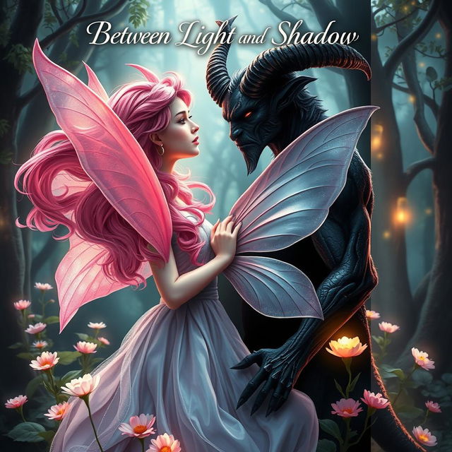 A captivating book cover for 'Between Light and Shadow' featuring a romantic scene between a pink-haired fairy and a demon