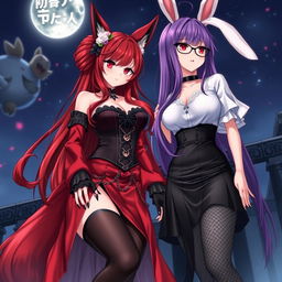 An enchanting scene featuring a sexy gothic anime girl presented as a Kitsune, flaunting long, seductive red hair that cascades down to her lower back, styled with an elegant bun