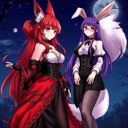 An enchanting scene featuring a sexy gothic anime girl presented as a Kitsune, flaunting long, seductive red hair that cascades down to her lower back, styled with an elegant bun