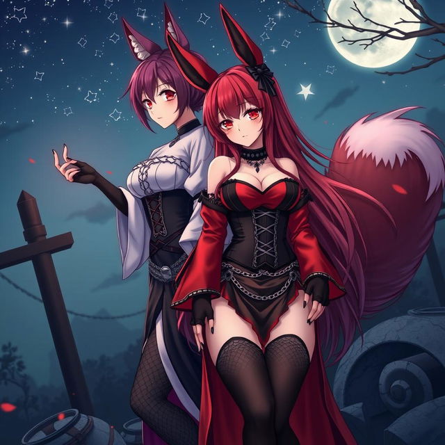 An enchanting scene featuring a sexy gothic anime girl presented as a Kitsune, flaunting long, seductive red hair that cascades down to her lower back, styled with an elegant bun