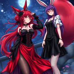 An enchanting scene featuring a sexy gothic anime girl presented as a Kitsune, flaunting long, seductive red hair that cascades down to her lower back, styled with an elegant bun