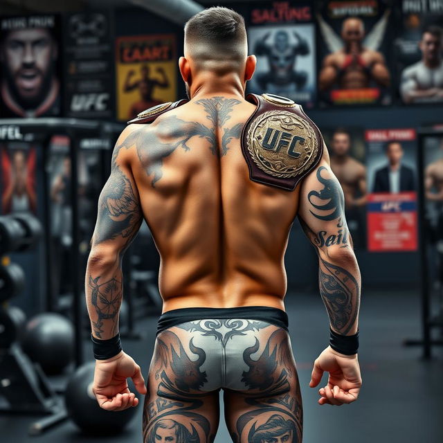 A powerful UFC fighter with a muscular build, showcasing his championship belts prominently over his shoulder