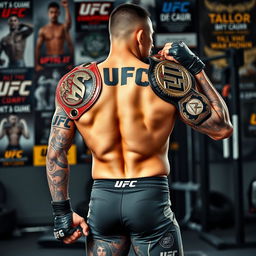 A powerful UFC fighter with a muscular build, showcasing his championship belts prominently over his shoulder