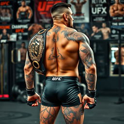 A powerful UFC fighter with a muscular build, showcasing his championship belts prominently over his shoulder