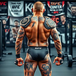 A powerful UFC fighter with a muscular build, showcasing his championship belts prominently over his shoulder