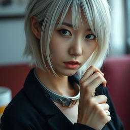A white-haired Asian woman wearing a stylish dog collar holds onto a leash with a gentle grip