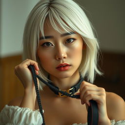 A white-haired Asian woman wearing a stylish dog collar holds onto a leash with a gentle grip