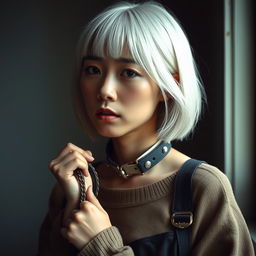 A white-haired Asian woman wearing a stylish dog collar holds onto a leash with a gentle grip