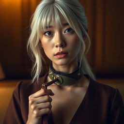 A white-haired Asian woman wearing a fashionable dog collar and holding a leash firmly in her hand, slightly pulling on it