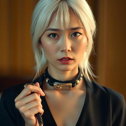 A white-haired Asian woman wearing a fashionable dog collar and holding a leash firmly in her hand, slightly pulling on it