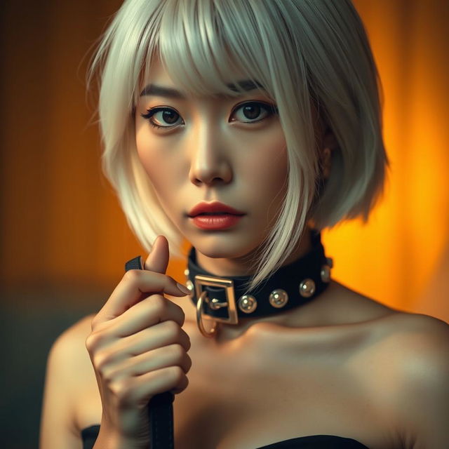 A white-haired Asian woman wearing a fashionable dog collar and holding a leash firmly in her hand, slightly pulling on it