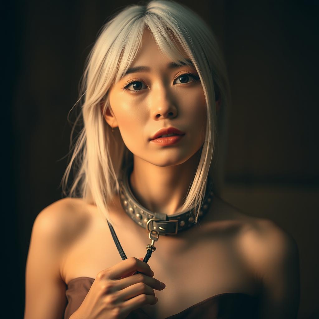 A white-haired Asian woman wearing a fashionable dog collar and holding a leash firmly in her hand, slightly pulling on it