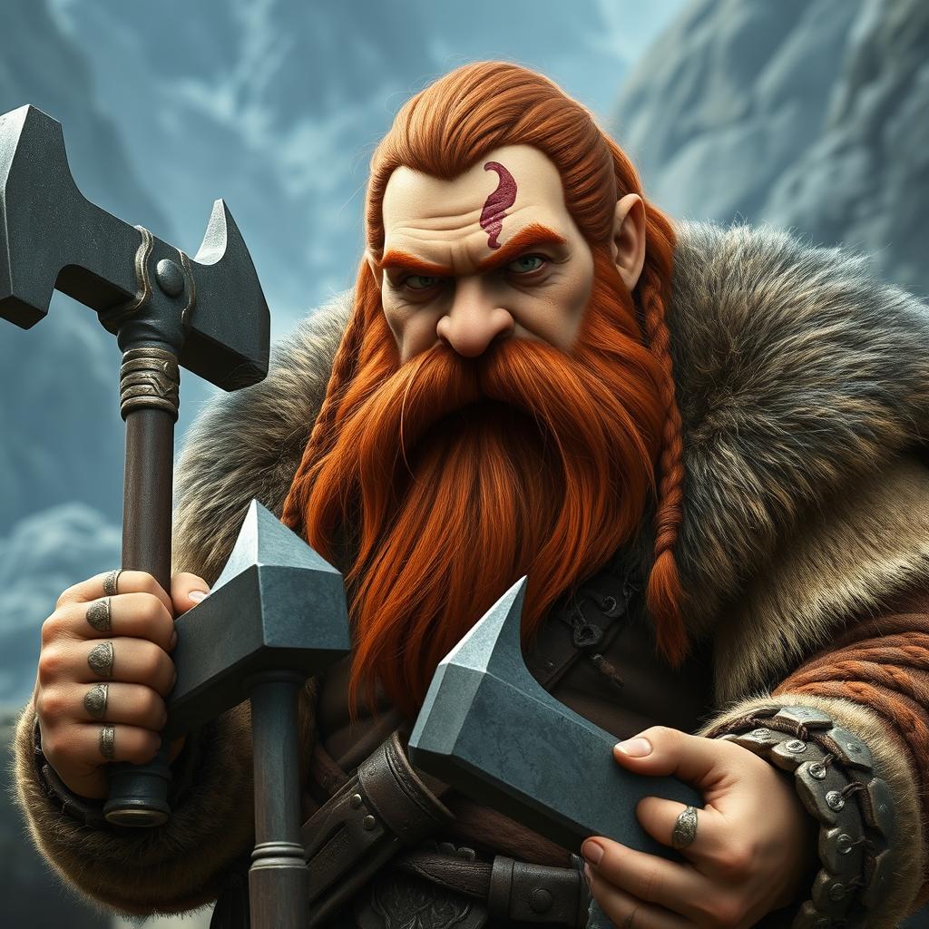 A large dwarf characterized by his heritage, featuring braided reddish hair and a long, adorned beard