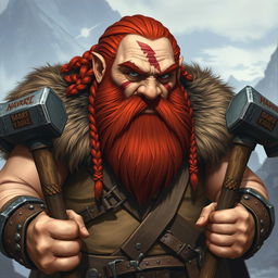 A large dwarf characterized by his heritage, featuring braided reddish hair and a long, adorned beard