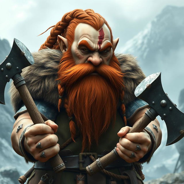 A large dwarf characterized by his heritage, featuring braided reddish hair and a long, adorned beard