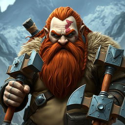 A large dwarf characterized by his heritage, featuring braided reddish hair and a long, adorned beard