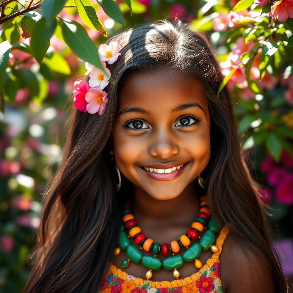 A stunning portrait of a beautiful brown-skinned girl with long, flowing hair, adorned with vibrant, colorful accessories