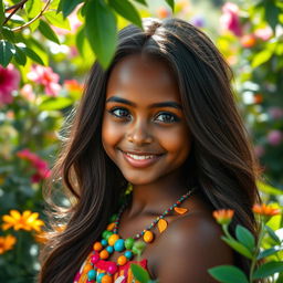 A stunning portrait of a beautiful brown-skinned girl with long, flowing hair, adorned with vibrant, colorful accessories
