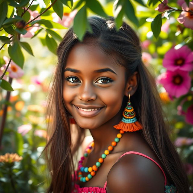 A stunning portrait of a beautiful brown-skinned girl with long, flowing hair, adorned with vibrant, colorful accessories